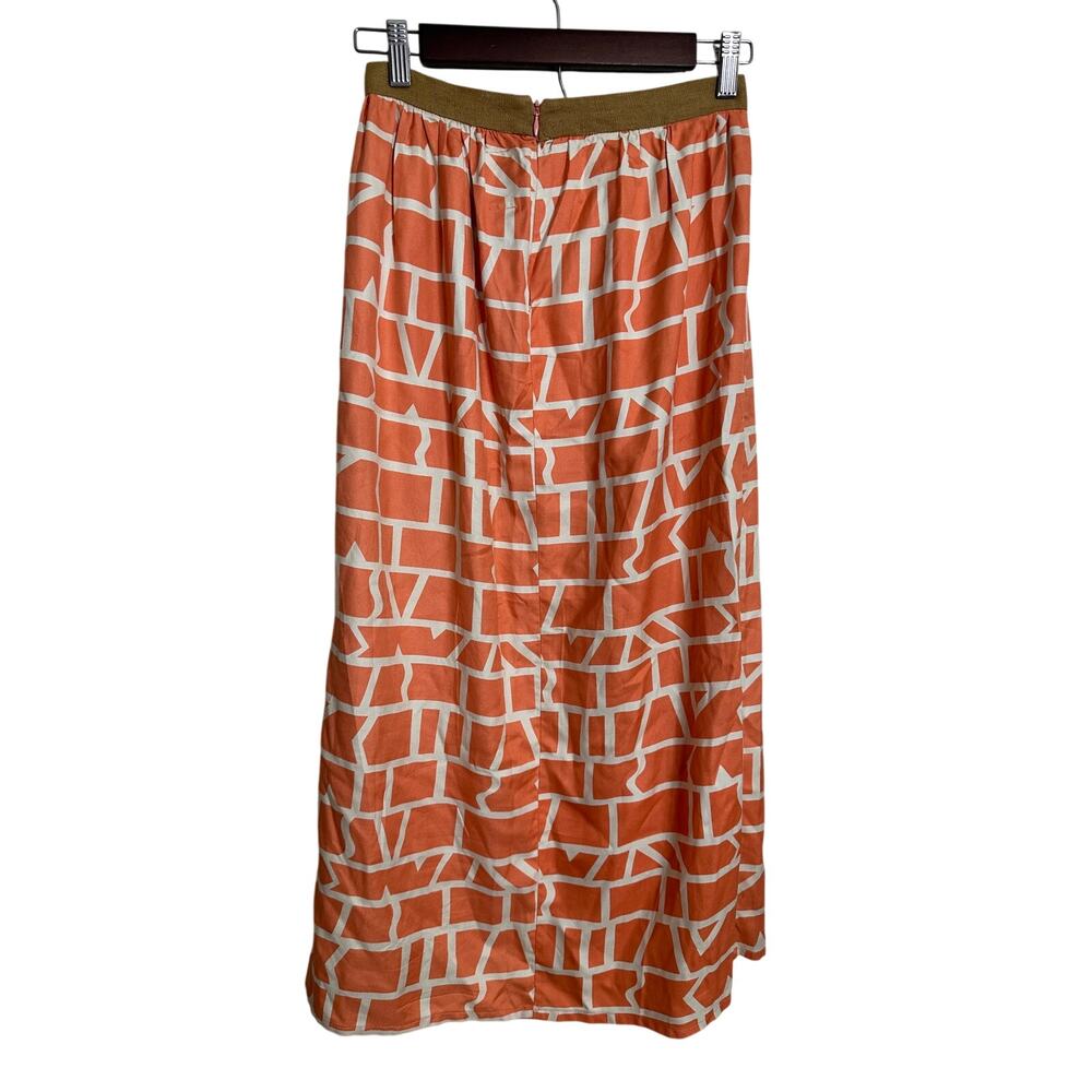 Dusen Dusen Geometric Grid Print Midi Skirt size XS Coral Peach Ivory - Picture 2 of 10